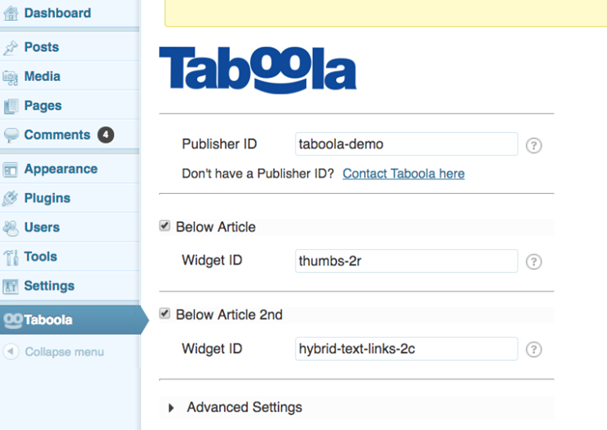 Taboola WordPress Plugin SetUp